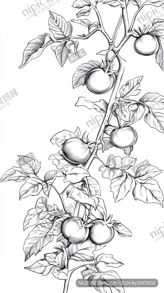 手繪番茄植株黑白線稿