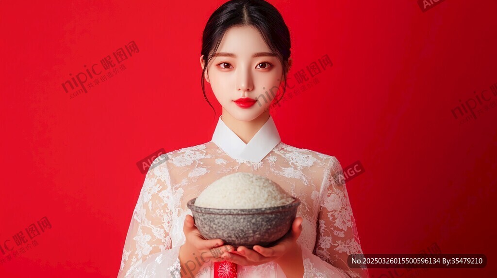 紅衣女子捧盛米大碗