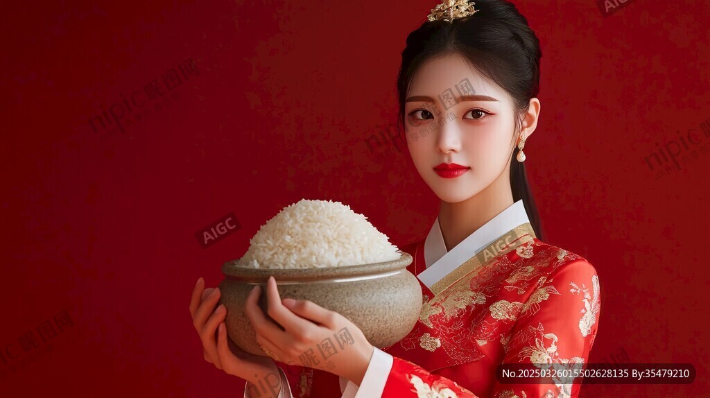 紅衣佳人捧瓷碗盛白米