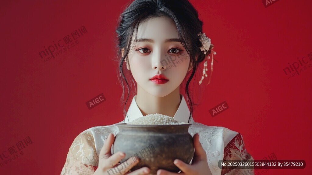 古風佳人捧瓷罐展典雅