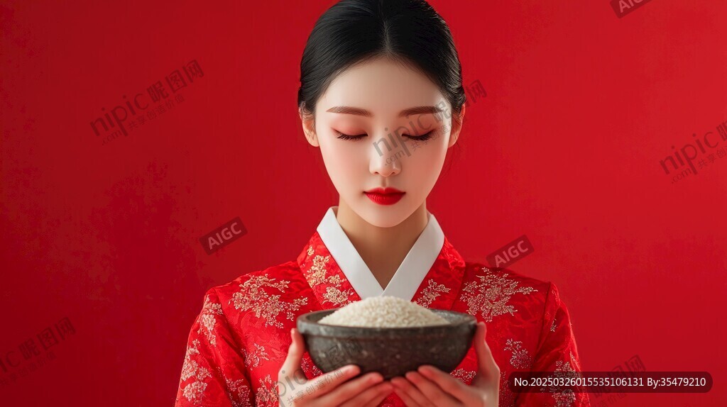 紅衣女子捧碗展示白米