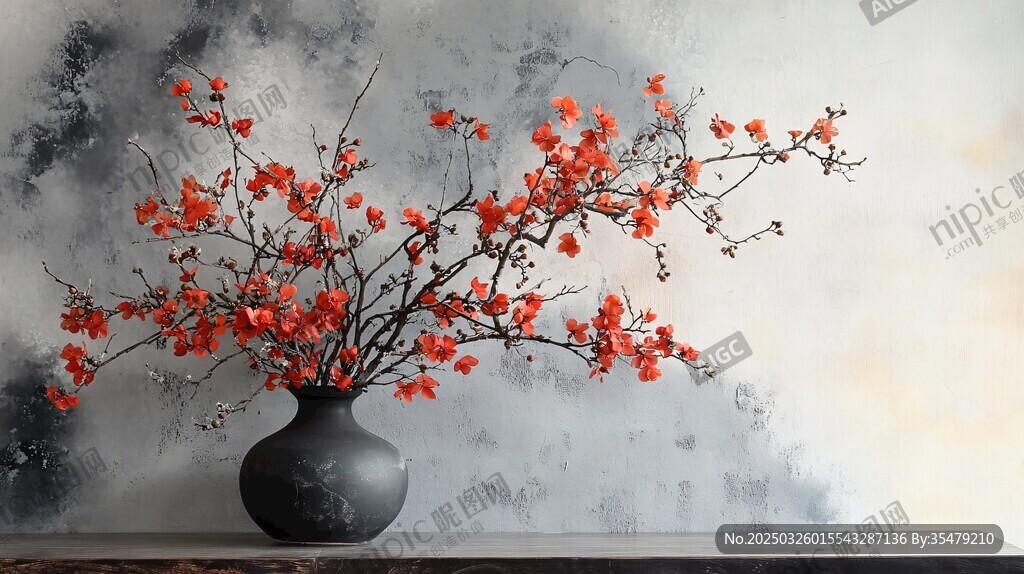 中式花瓶插滿艷麗紅花朵