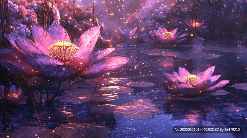 夢(mèng)幻紫色蓮花綻放的水域