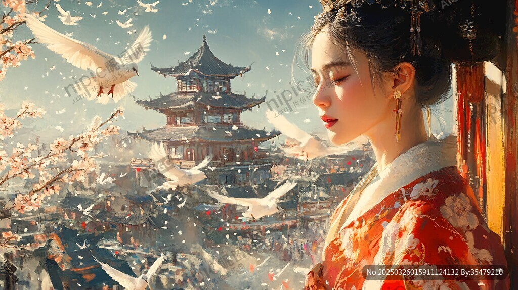 古風(fēng)佳人賞景飛鳥(niǎo)繞樓閣