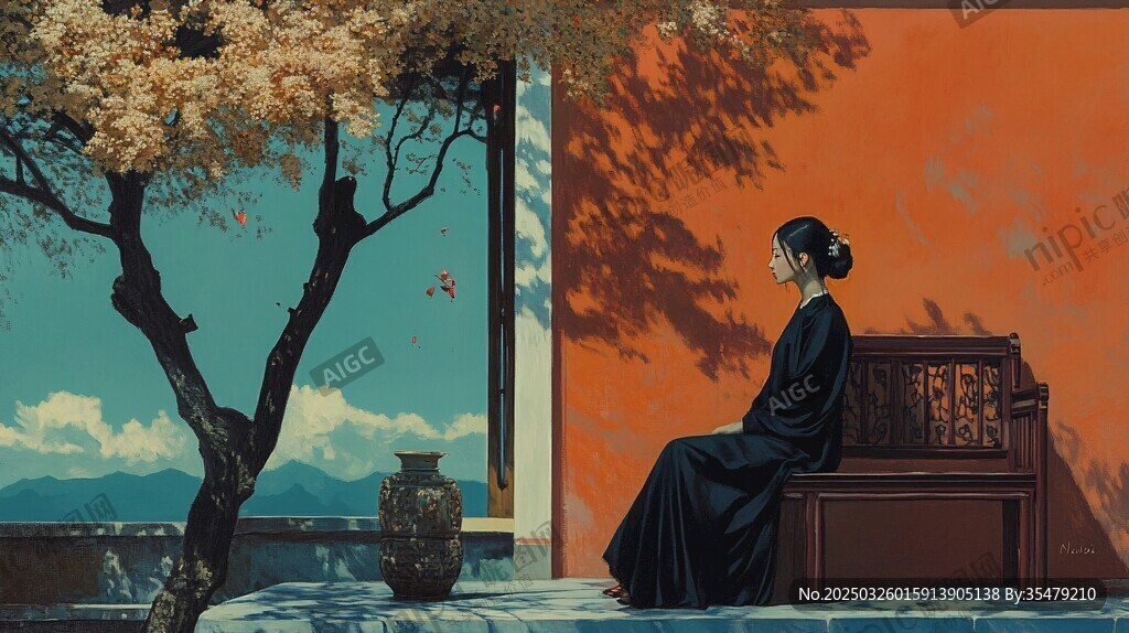 獨坐靜思的古典女子