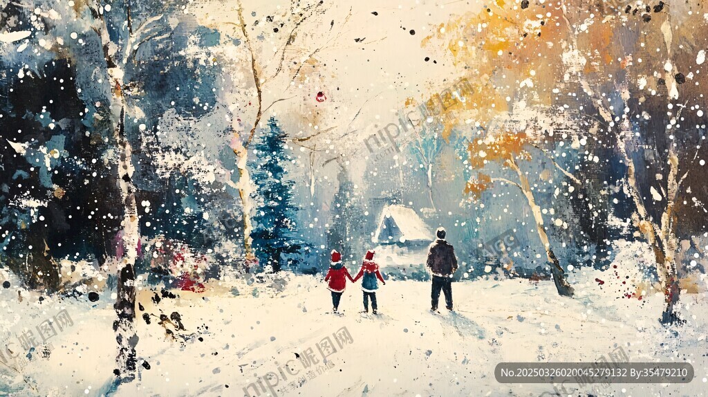 冬日親子漫步雪景圖