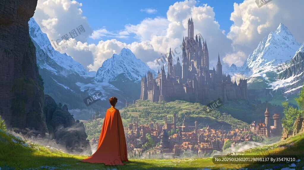 紅衣人眺望奇幻城堡風景