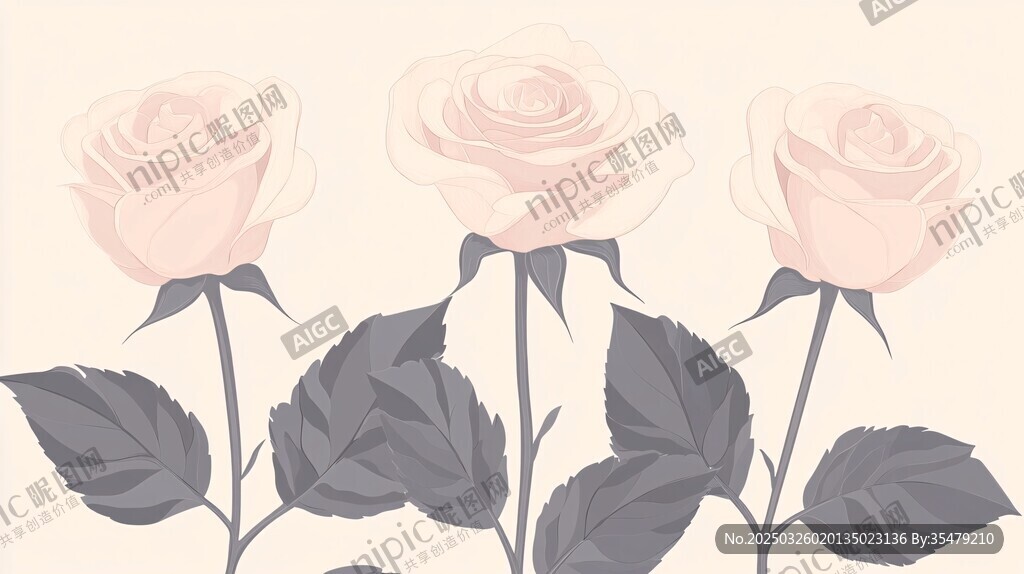三朵優雅淡粉玫瑰花插畫