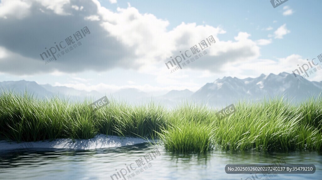 湖畔青草與遠(yuǎn)山美景