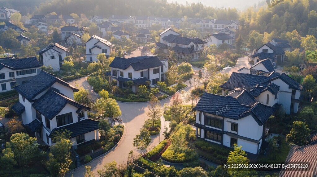 晨曦中的中式別墅住宅區(qū)