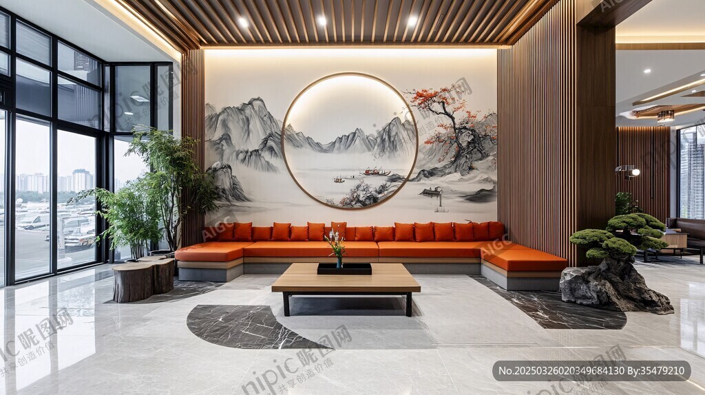 中式典雅大廳休息區景觀