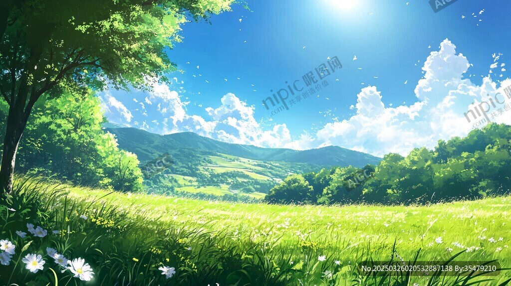 陽光綠野間的清新自然風景