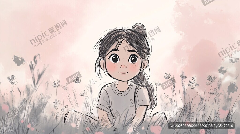 坐在花叢中的可愛小女孩