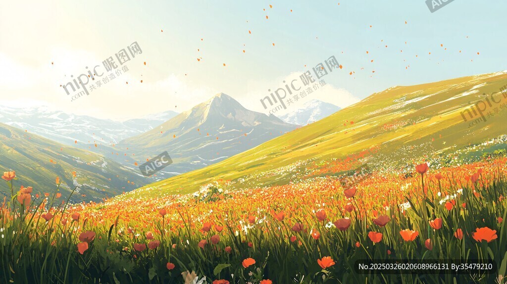 山間花海 陽光中的夢幻美景
