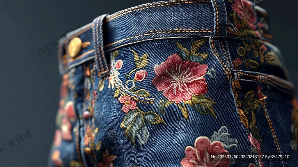 花卉刺繡牛仔短褲特寫(xiě)