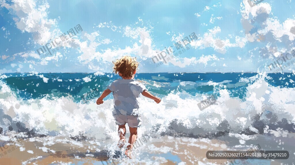 小孩海邊踏浪的美好瞬間