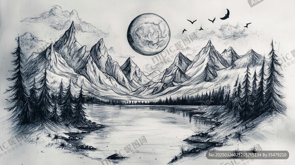 月夜山林湖景手繪風(fēng)光