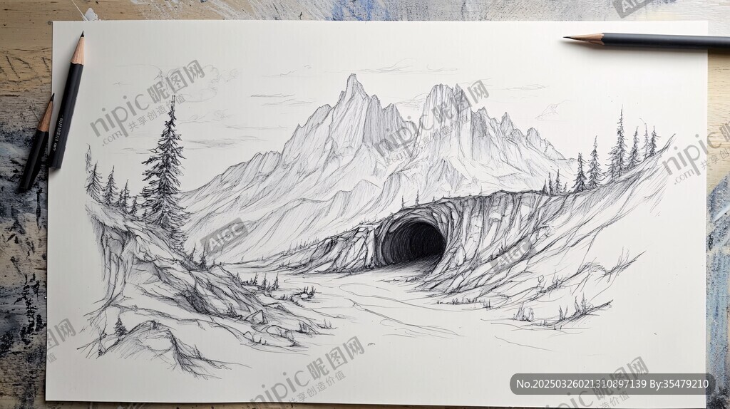 手繪山間隧道風(fēng)景素描
