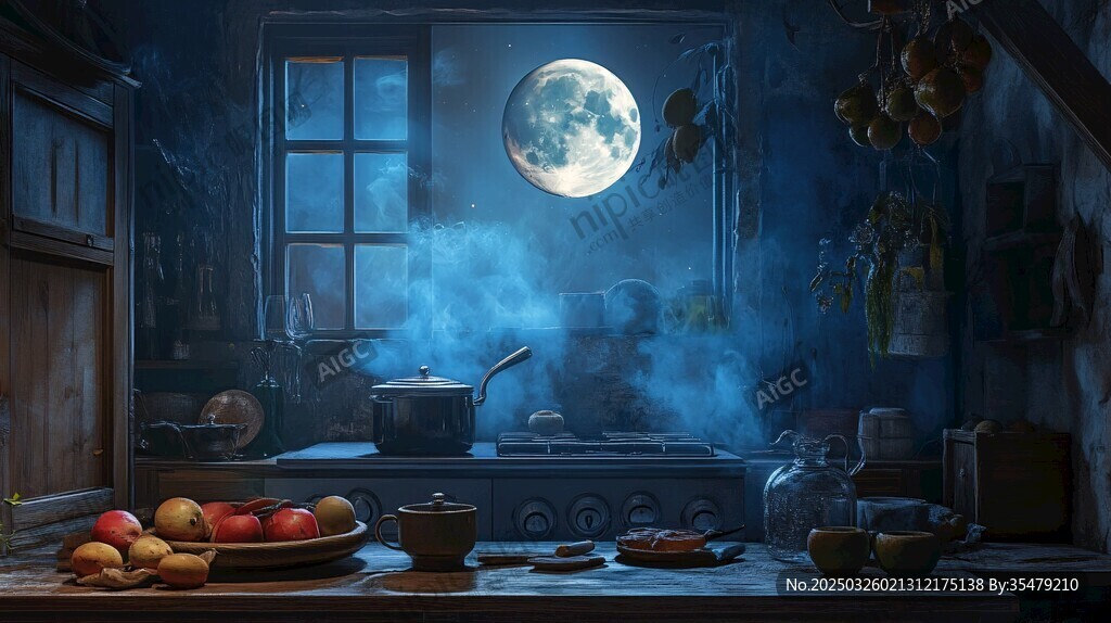 月夜下的神秘廚房場景