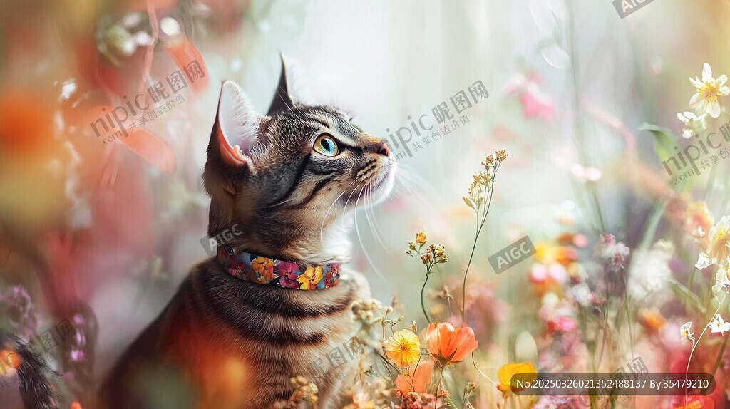 花叢中抬頭凝望的可愛貓咪
