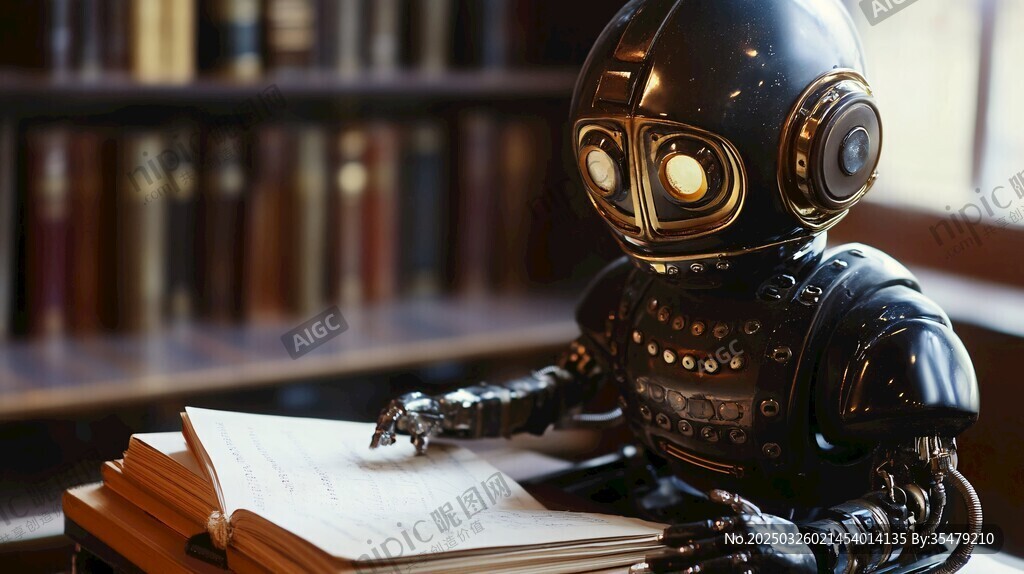機器人在圖書館專注閱讀