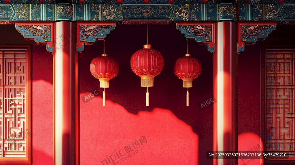 紅墻下的中式紅燈籠