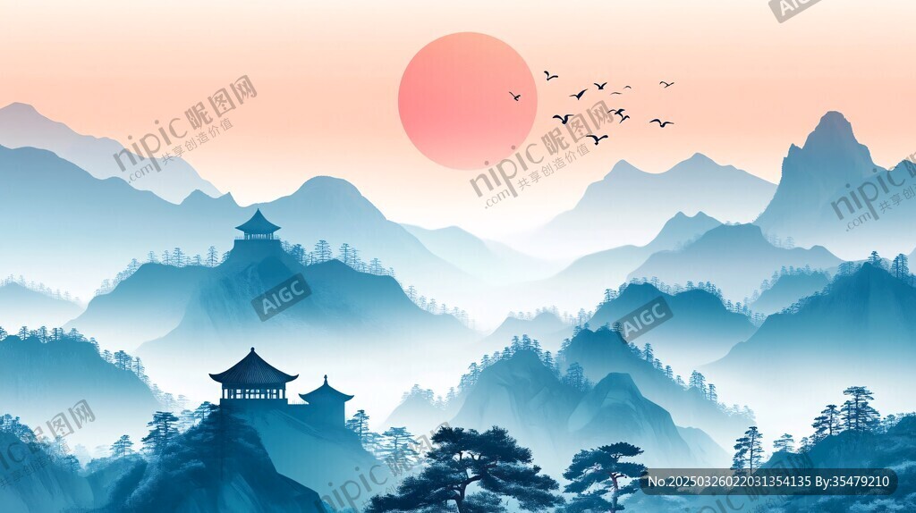 夕陽下的山水古建筑美景