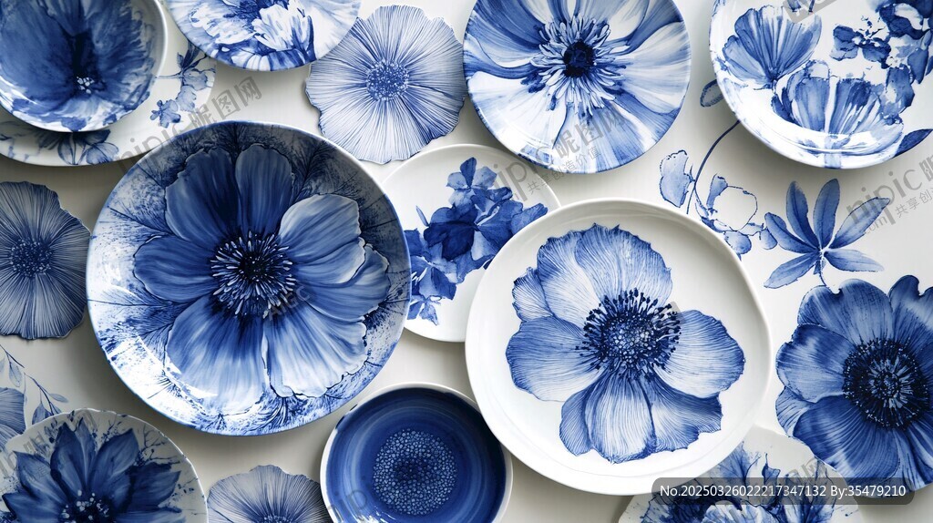 藍(lán)白花卉瓷盤精美展示