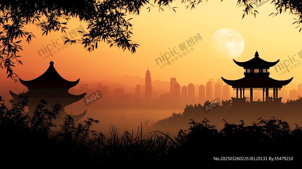 黃昏下的古典建筑與城市景觀