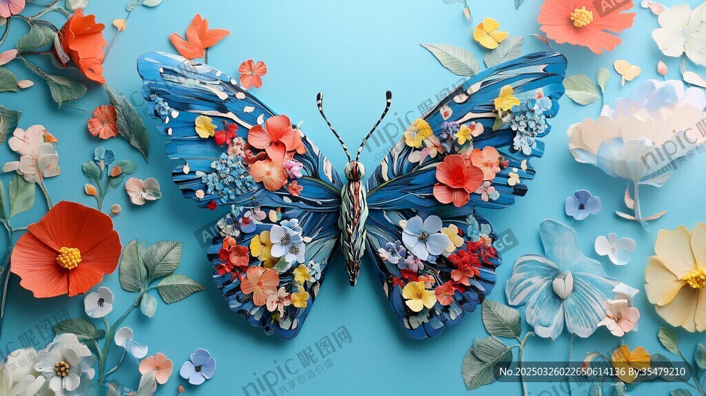 藍色花卉蝴蝶創意紙藝作品