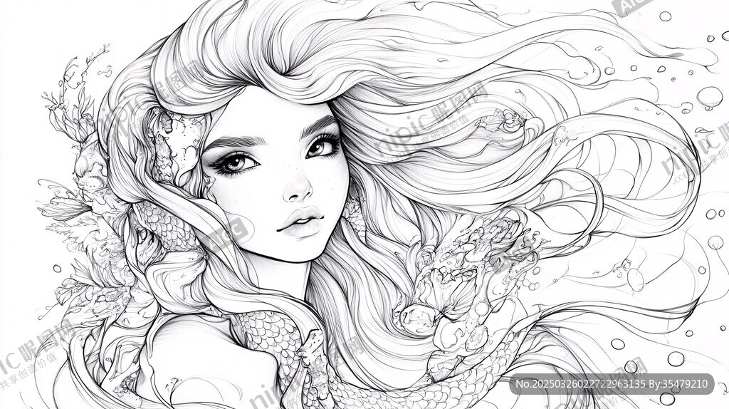 夢幻長發美人魚插畫