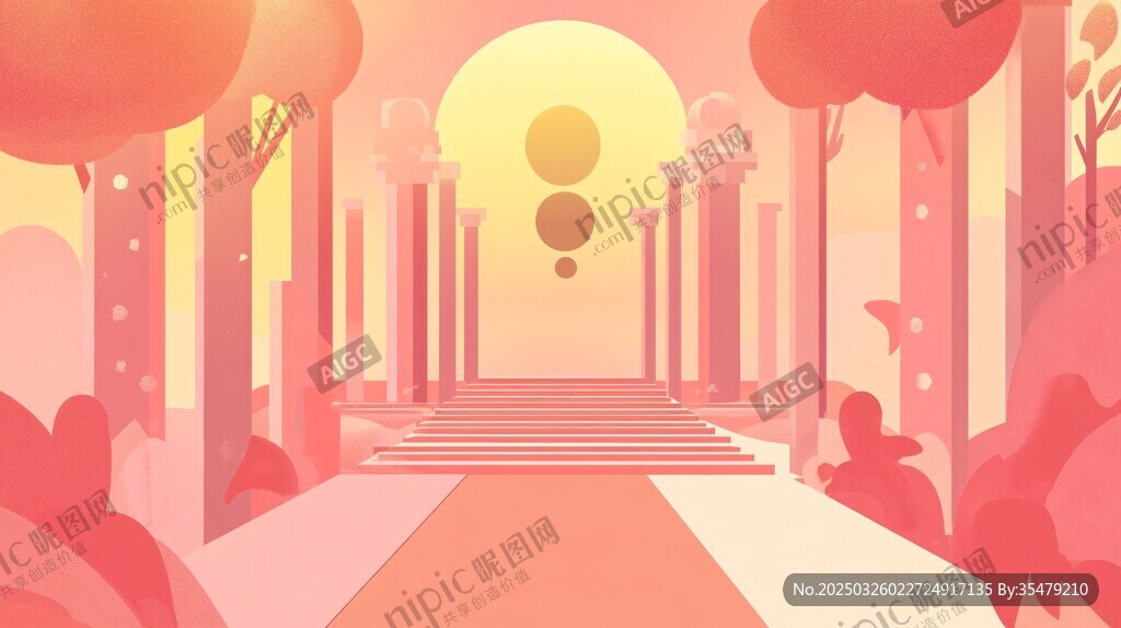 夢幻粉色柱廊黃昏場景