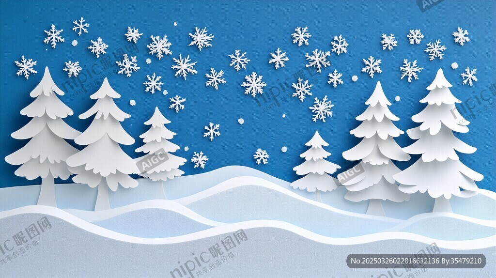 冬日紙藝雪景中的松樹林