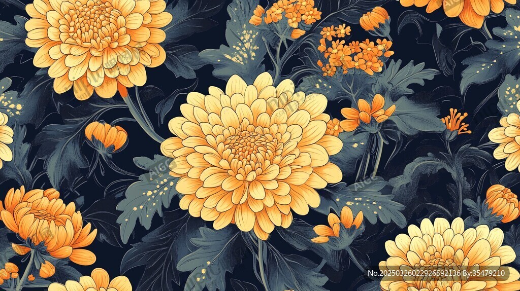 復古風黃色菊花花卉圖案