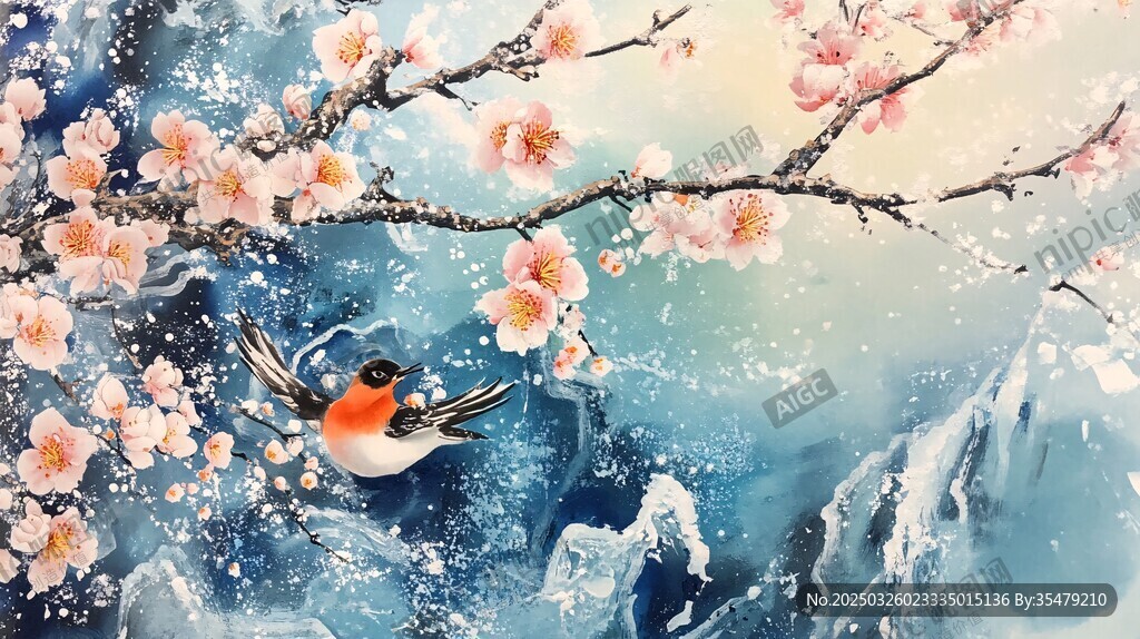 雪中紅梅飛鳥的唯美景致