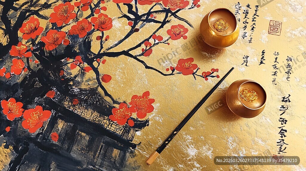 紅梅金箋下的中式雅物