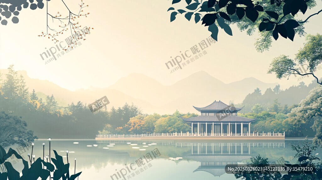 湖畔古亭 山水詩意景致