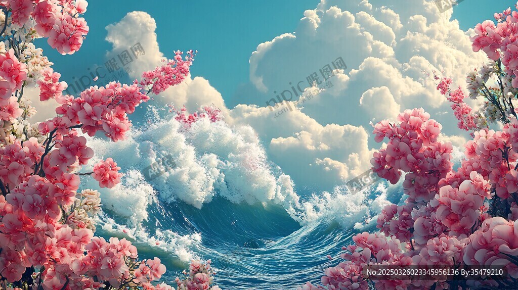夢(mèng)幻海浪與爛漫櫻花之景