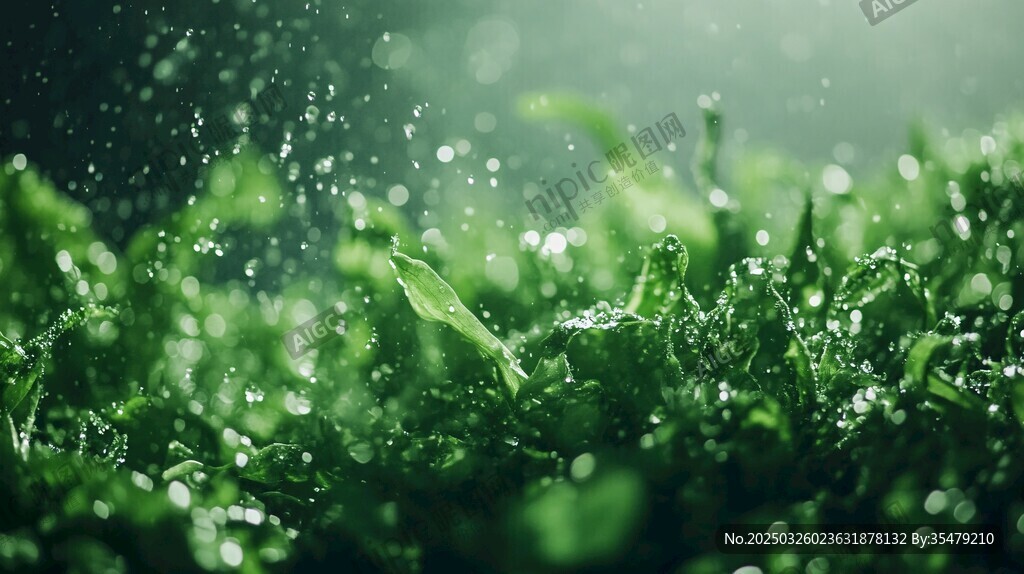 青草灑落晶瑩水珠