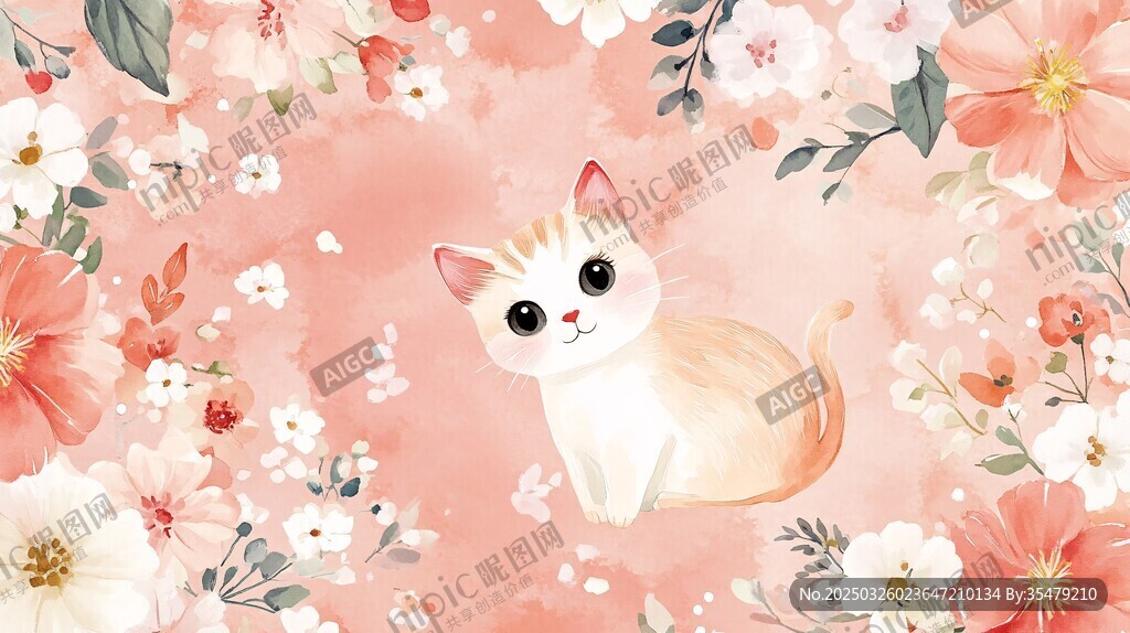 粉色花叢中的可愛(ài)貓咪