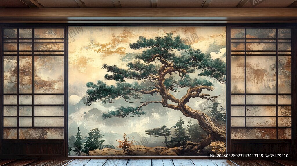 中式室內松景壁畫