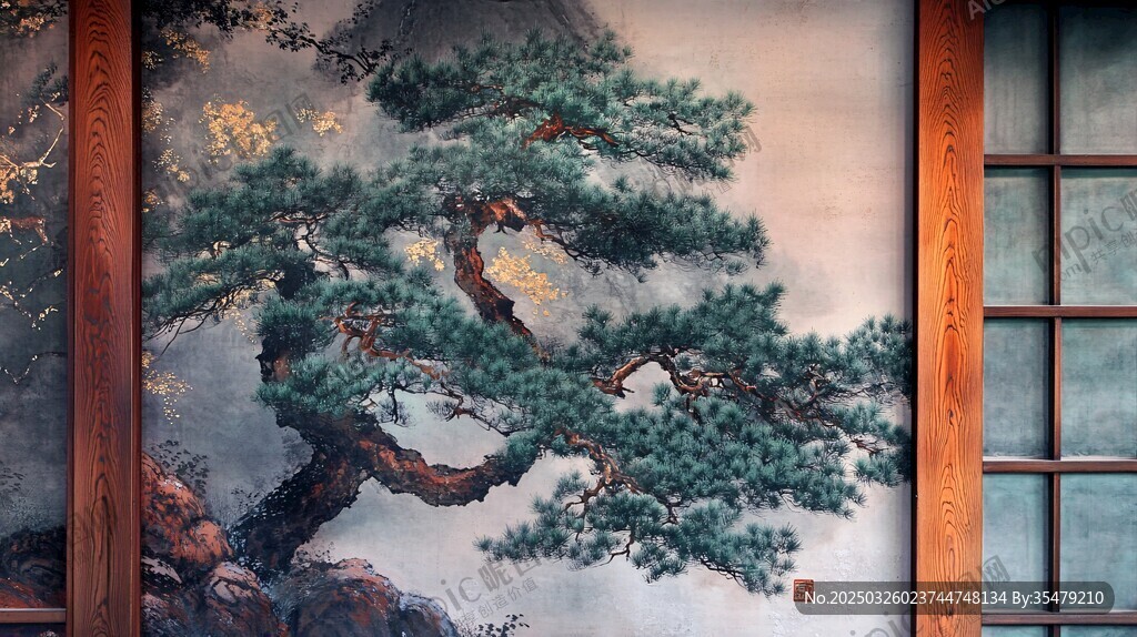 中式窗景中的蒼松壁畫