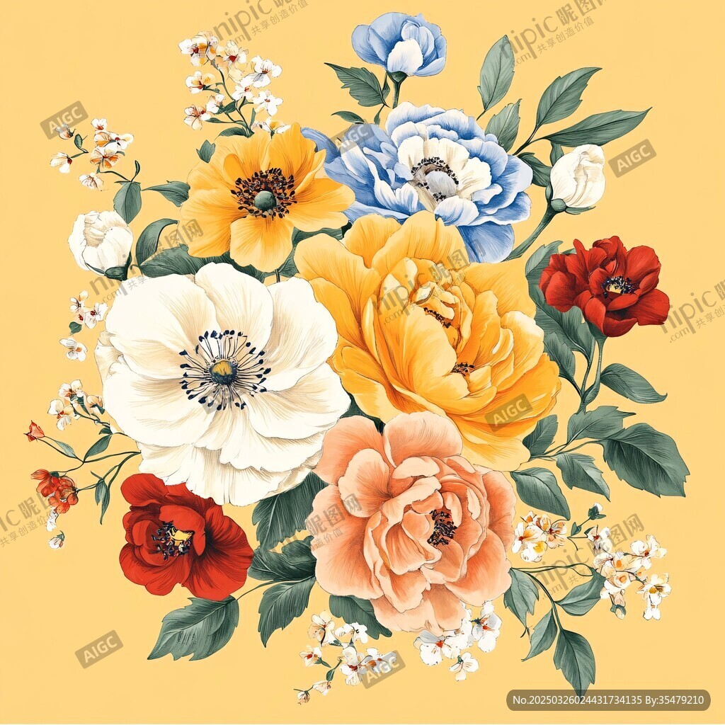 多彩花卉組合插畫
