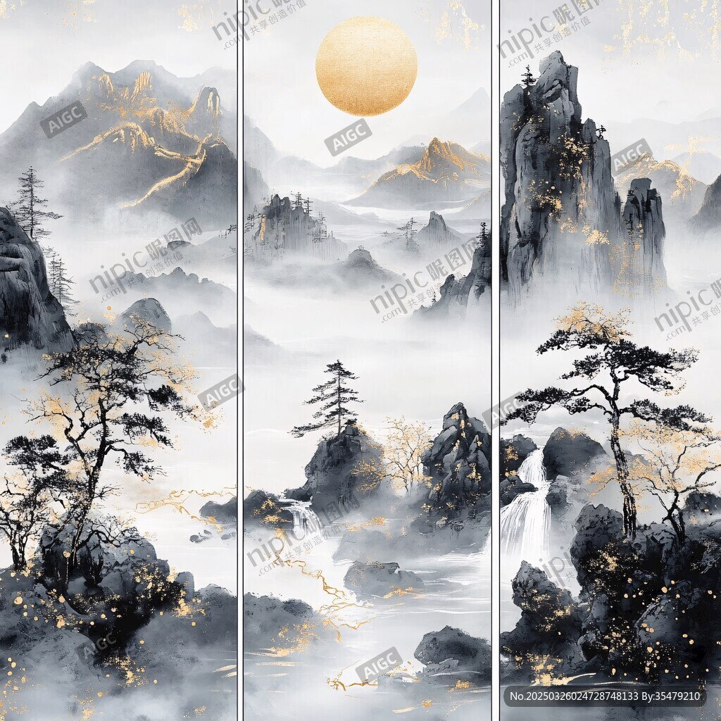 水墨山水三聯(lián)畫 金色意境
