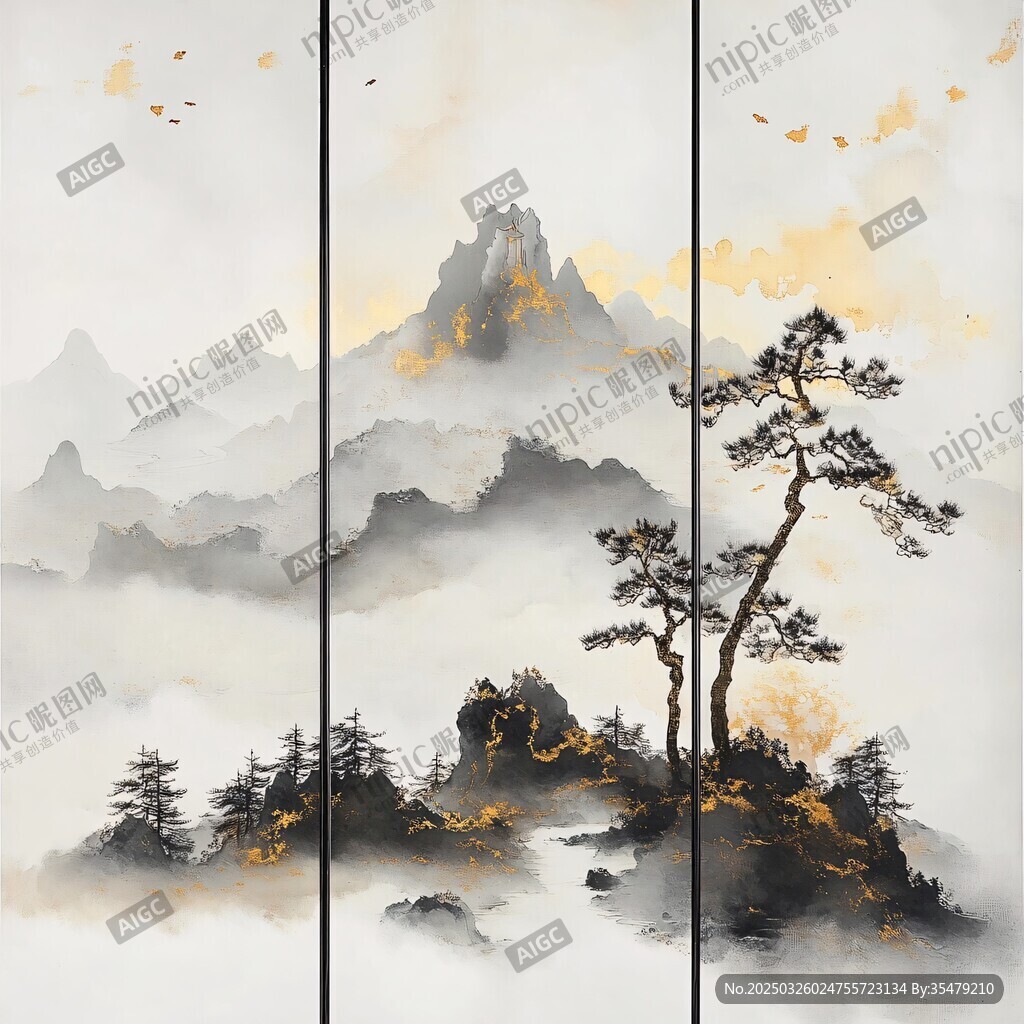 三聯水墨山水圖賞