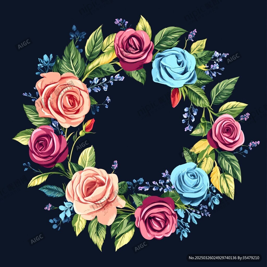 多彩玫瑰花環插畫圖案