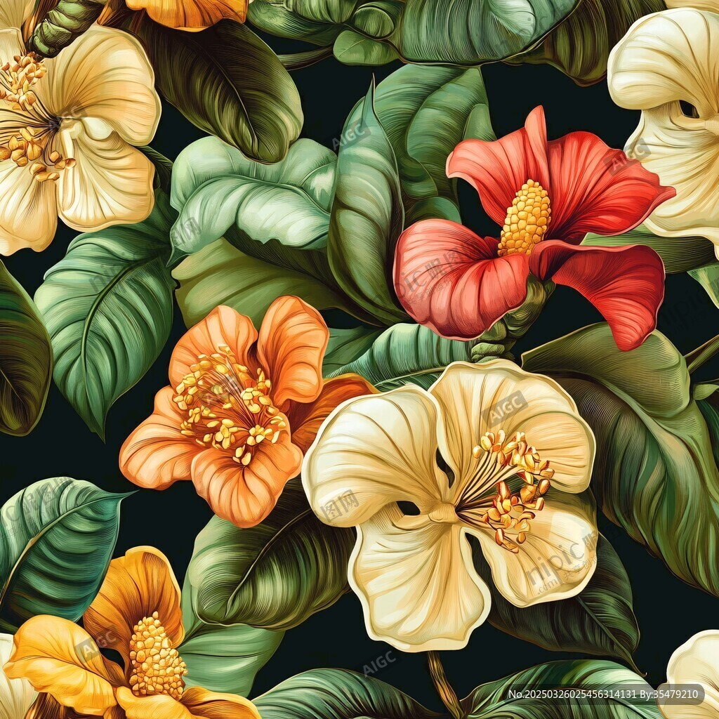 熱帶花卉綠葉無縫圖案