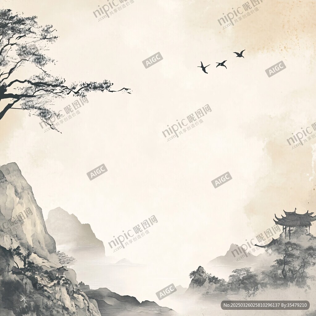 水墨山水間飛鳥伴古亭