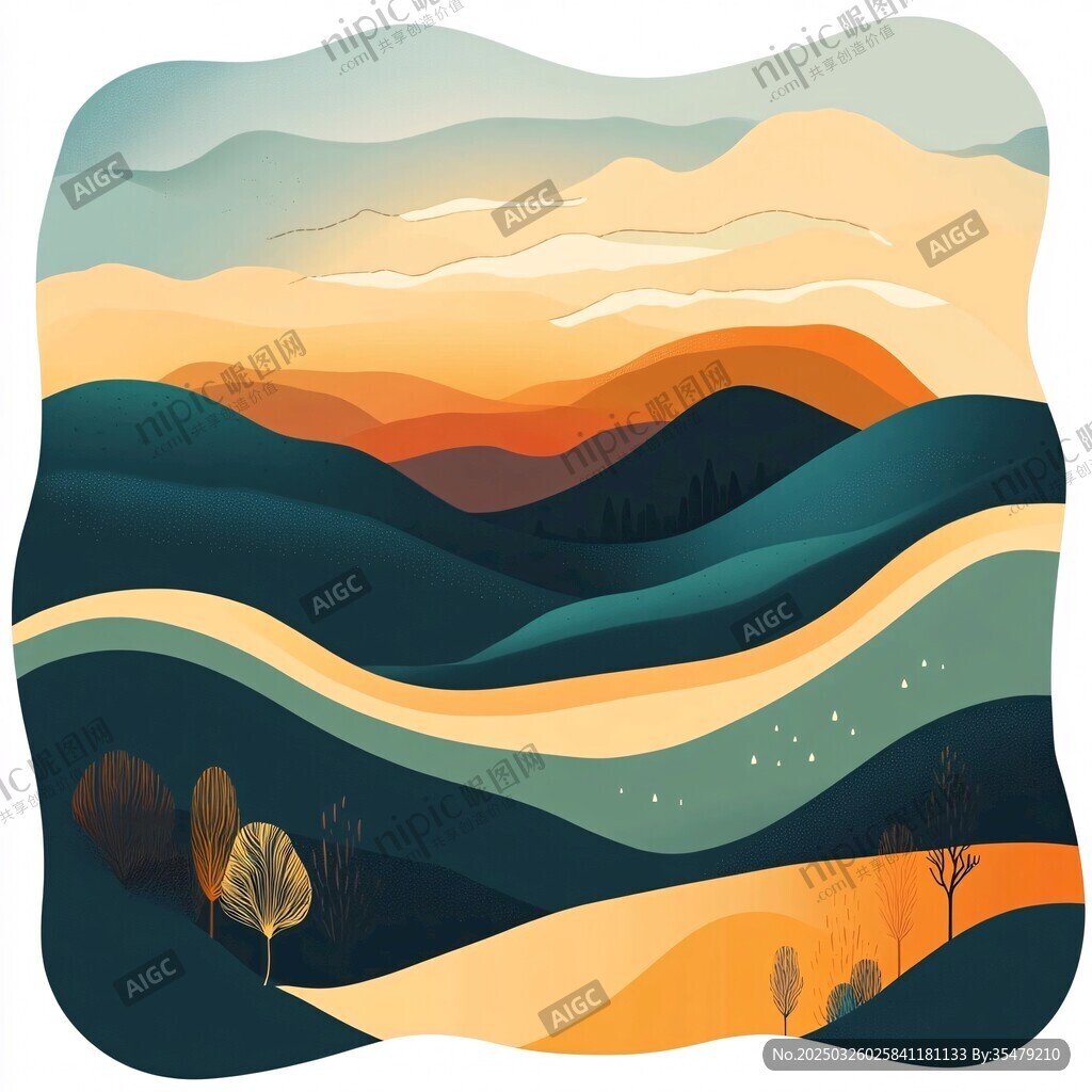 黃昏下的山巒風景插畫