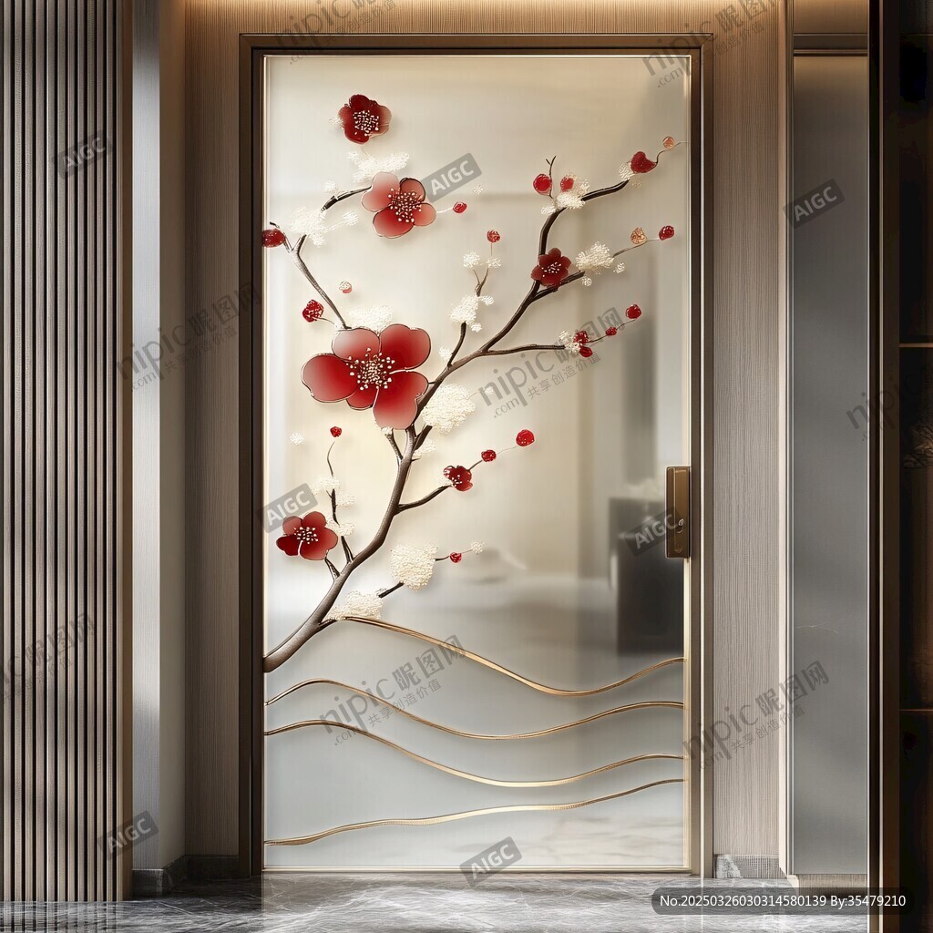 中式梅花藝術(shù)玻璃隔斷門